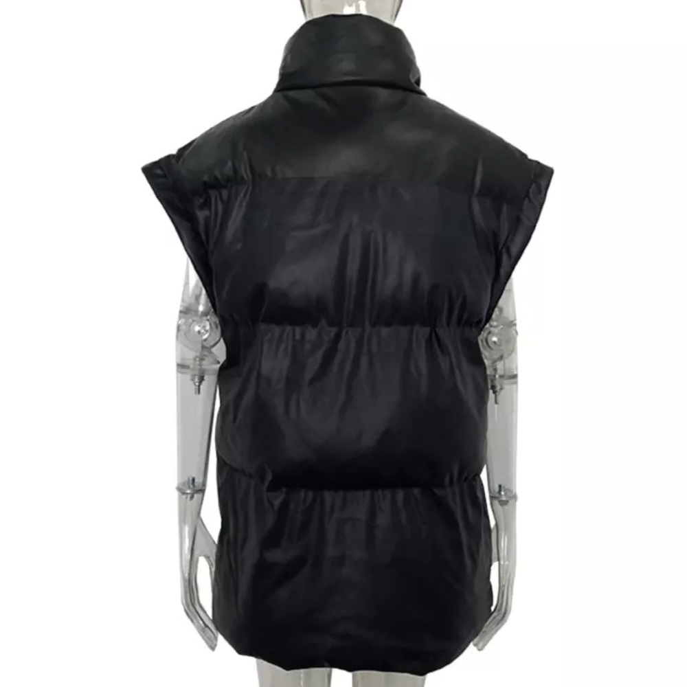 Kimberly Puffer Vest Quilted Cap Sleeve Collar Faux Leather Long Vest Restocking - Picture 6 of 11